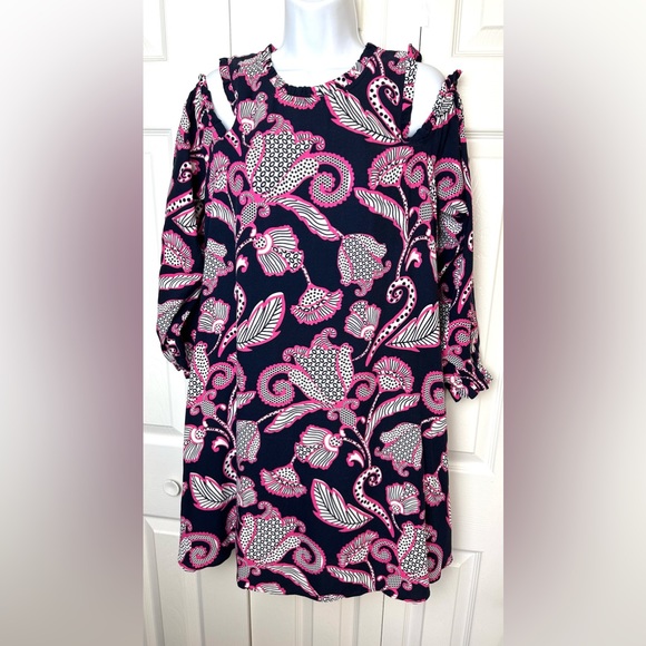 CROWN & IVY Ruffle Neck Cold Shoulder Dress Navy Blue Pink White Floral Paisley - Picture 7 of 13